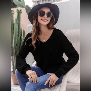 SHEIN Black Ribbed V-Neck Dropped Shoulder Sweater 🖤